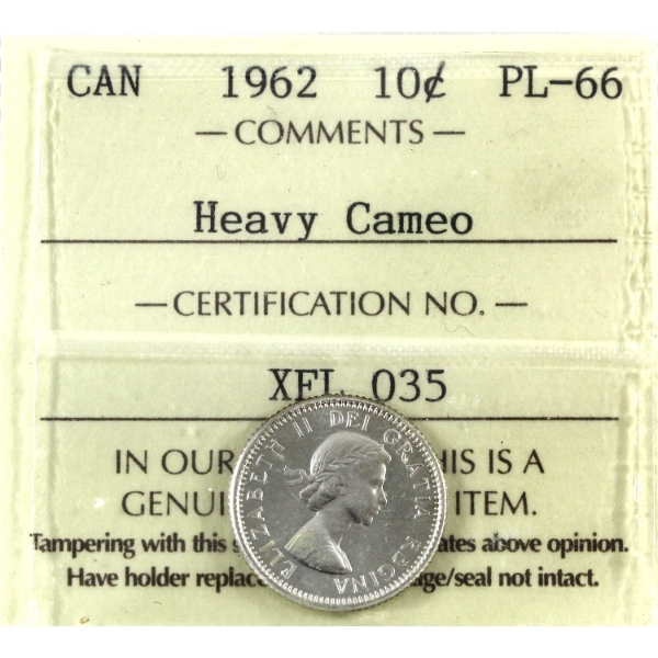 10-cent 1962 ICCS PL66 Heavy Cameo