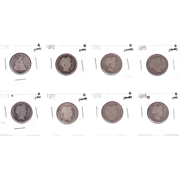 Bulk Lot of USA Silver 1876-1898 Quarter Dollars G in 8-Pocket Sheet. 8pcs.