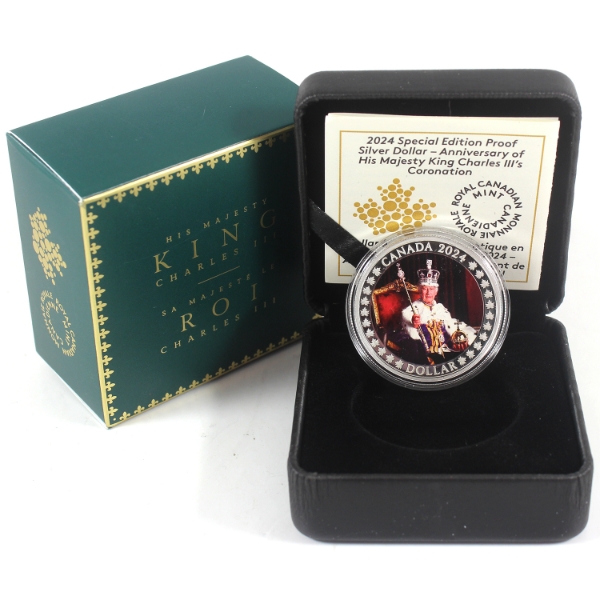 2024 $1 King Charles III Coronation Anniversary .9999 Fine Proof Silver Dollar (Tax Exempt)