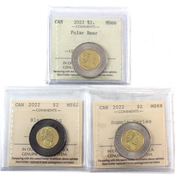 $2 2022 Polar Bear, Black Ring & Summit Series ICCS MS66. 3pcs. 