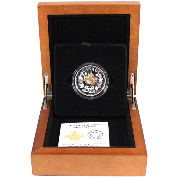 2019 $15 Golden Maple Leaf .9999 Fine Silver Coin Adorned w/ Sterling Silver Gold Plated Maple Leaf