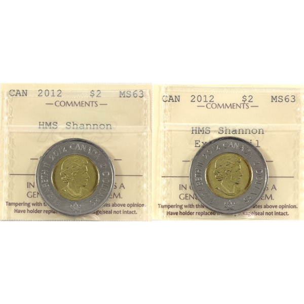 $2 2012 HMS Shannon & HMS Shannon Extra Sail ICCS MS63. 2pcs.