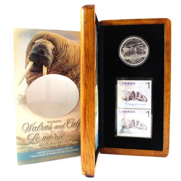 2005 $5 Walrus & Calf Fine Silver Coin & Stamp Set (Tax Exempt)