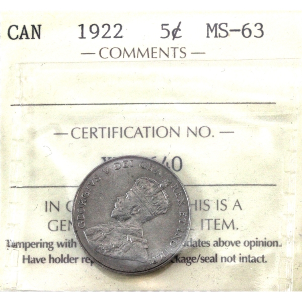 5-cent 1922 Near Rim ICCS MS63