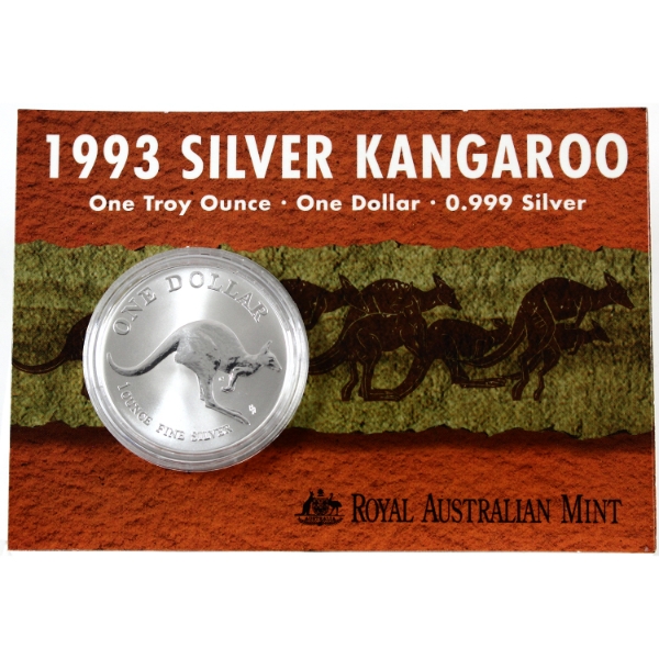 Australia 1993 $1 1oz .999 Fine Silver Kangaroo in Royal Australian Mint Display Card (Tax Exempt)