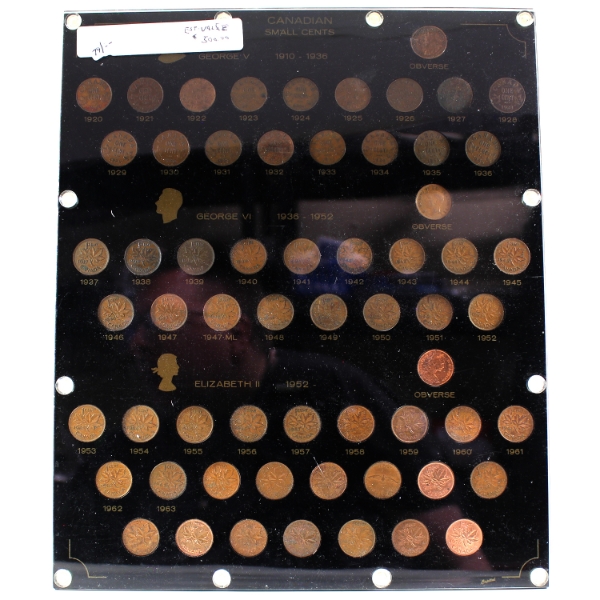 Collection of Canadian Small Cents 1920-1976 in Vintage Display Holder