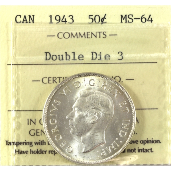 50-cent 1943 Double Die 3 ICCS MS64