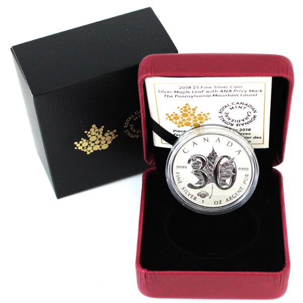 2018 $5 Silver Maple Leaf with ANA Privy - Pennsylvania Mountain Laurel (Tax Exempt)