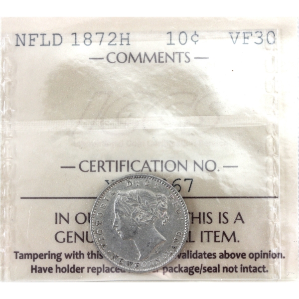 Newfoundland 10-cent 1872H ICCS VF30