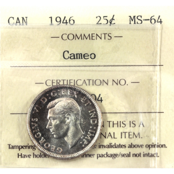25-cent 1946 ICCS MS64 Cameo