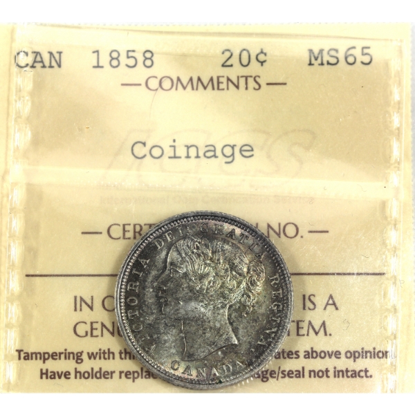 20-cent 1858 Coinage ICCS MS65 *Rare, High Grade for This Year!*