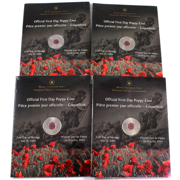 Group Lot of 4x 2004 25-cent Official First Day Poppy Coin in Sealed RCM Folder. 4pcs