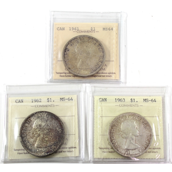 Silver $1 1961, 1962, & 1963 ICCS MS64. 3pcs.