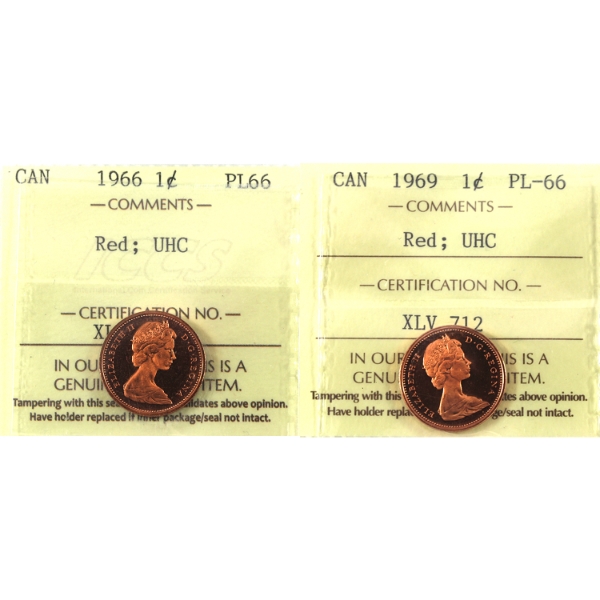 1-cent 1966 & 1969 ICCS PL66 Red UHC. 2pcs.