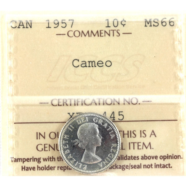 10-cent 1957 ICCS MS66 Cameo