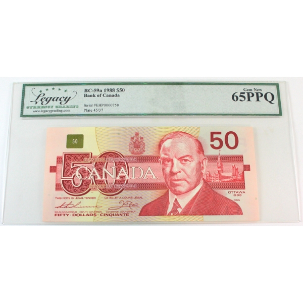 BC-59a-N5-iv 1988 $50 Low Serial # EHP0000750 Legacy GEM UNC65 PPQ Thiessen-Crow
