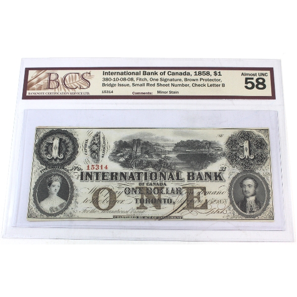 380-10-08-08 1858 $1 International Bank of Canada BCS AU58 Fitch, One Signature