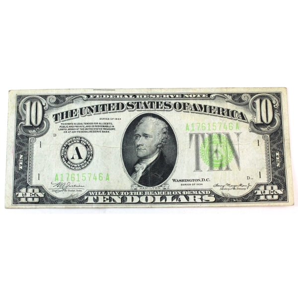 USA 1934 Bank of Boston, Massachusetts $10 Julian-Margenthou SN: A17615746A 
