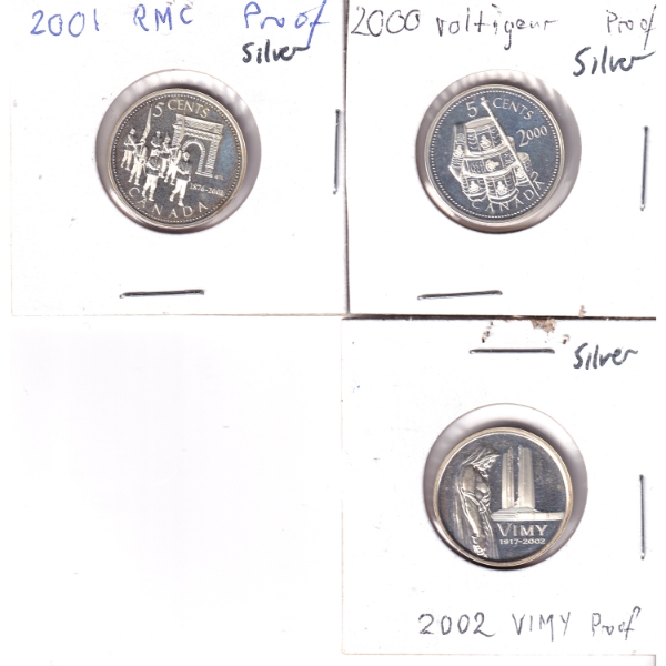 2000-2002 5-cent 5.3g Sterling Silver Proof Coins. 3pcs