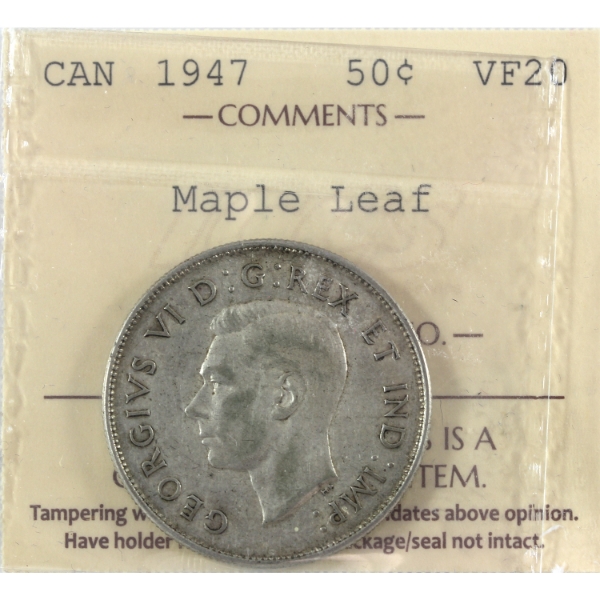 50-cent 1947 Maple Leaf ICCS VF20
