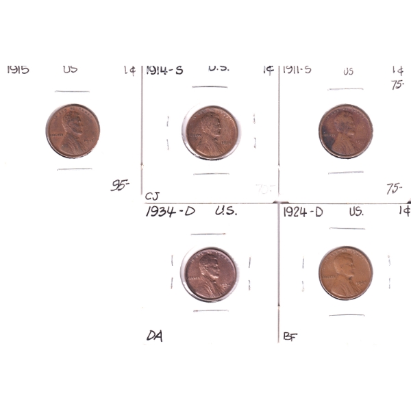 Group Lot of USA 1911S-1934D 1-cent Coins. 5pcs.