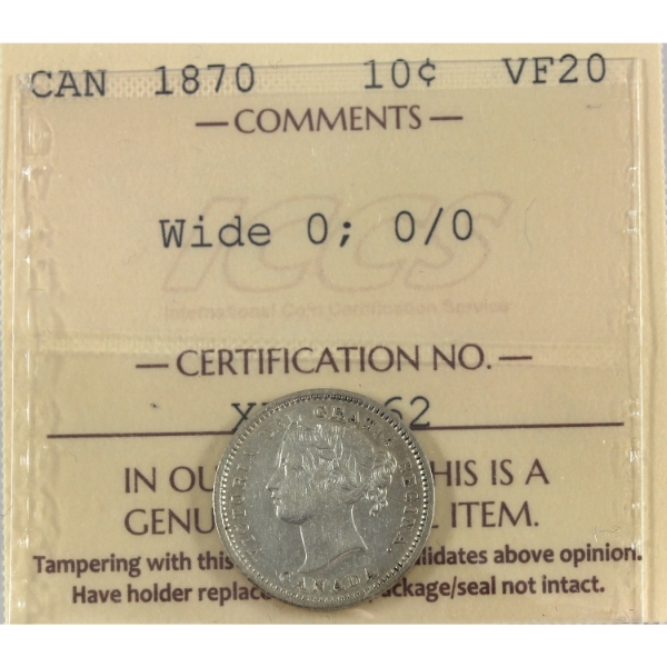 10-cent 1870 Wide 0, 0/0 ICCS VF20