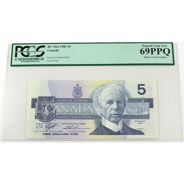 RADAR BC-56d 1986 $5 4-Digit RADAR PCGS Superb GEM UNC69 PPQ Knight-Thiessen SN: ANM4069604