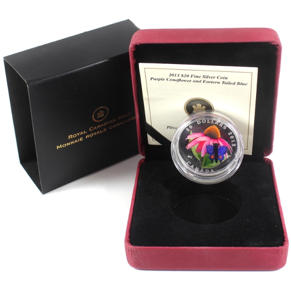 2013 $20 Purple Coneflower & Eastern Tailed Blue Butterfly 1oz .9999 Fine Silver (Tax Exempt)
