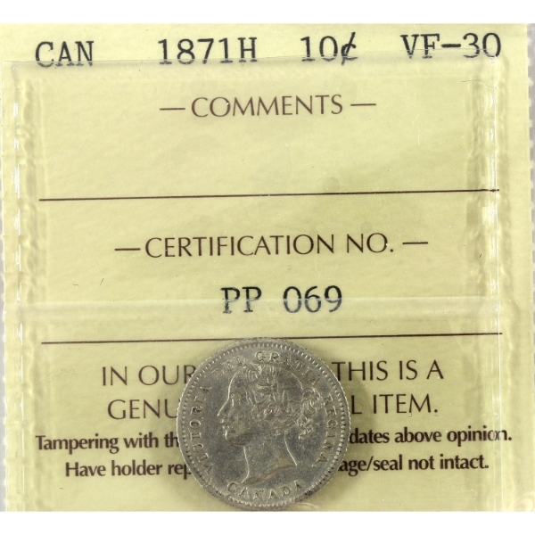 10-cent 1871H ICCS VF30