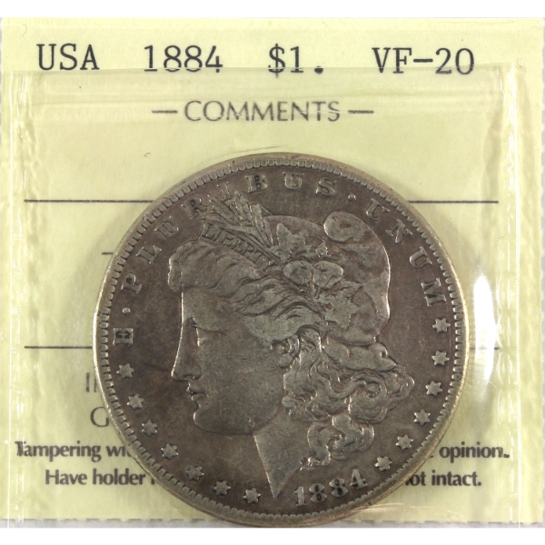 USA Silver 1884 Morgan Dollar ICCS VF20