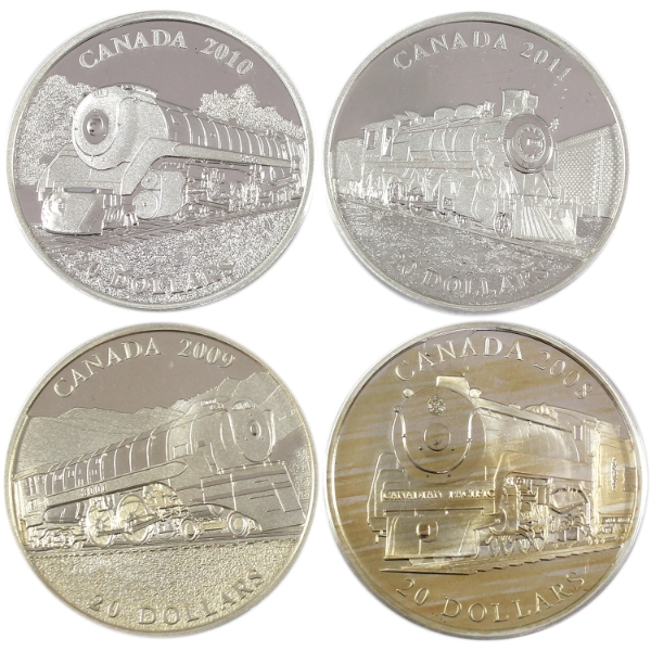 2008-2011 $20 Great Canadian Locomotives 1oz .9999 Fine Silver Coins. 4pcs. (Tax Exempt)
