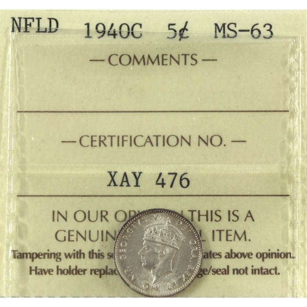Newfoundland 5-cent 1940C ICCS MS63