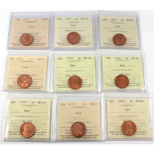 1-cent 1970-1979 ICCS MS64 Red. 9pcs.