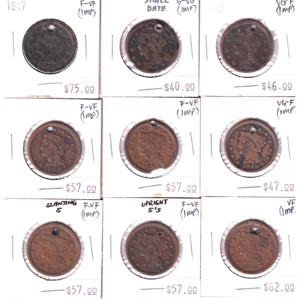 USA 1-cent 1845-1856 G-VG to VF. 9pcs.