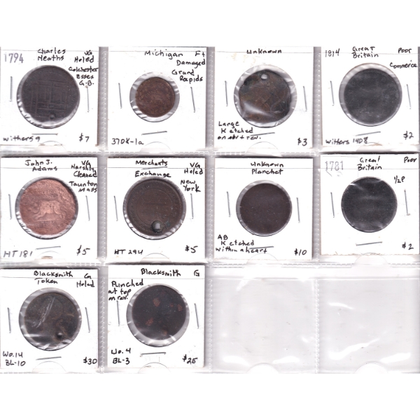 Bulk Lot of Various World Tokens Poor to F+ in 12-Pocket Sheet. 10pcs.