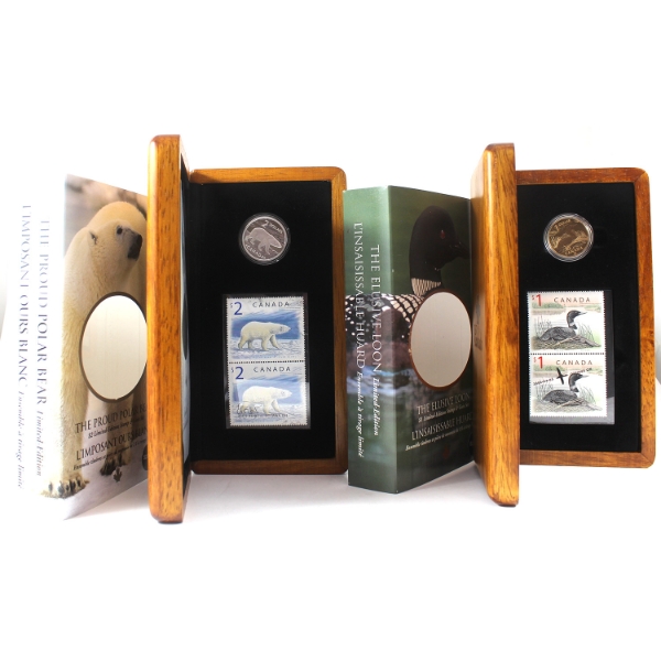 2004 $1 The Elusive Loon & $2 The Proud Polar Bear Coin and Stamp Sets. 2 Sets