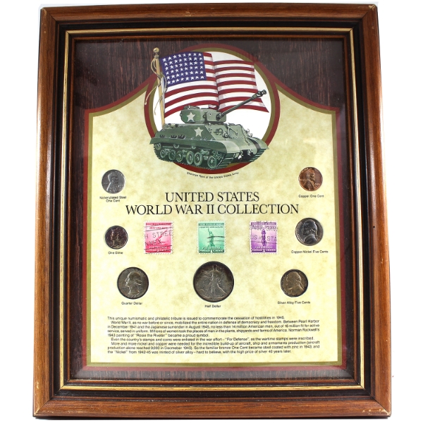 United States World War II 7-Coin and 3 Stamp Collection in Wooden Frame. 