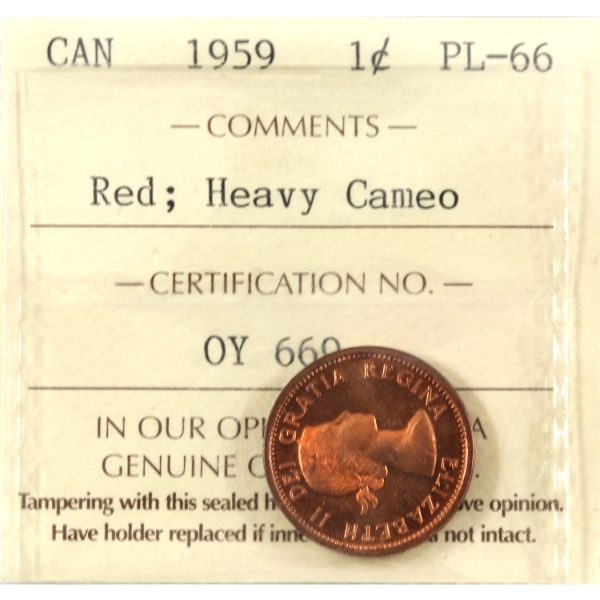 1-cent 1959 ICCS PL66 Red; Heavy Cameo