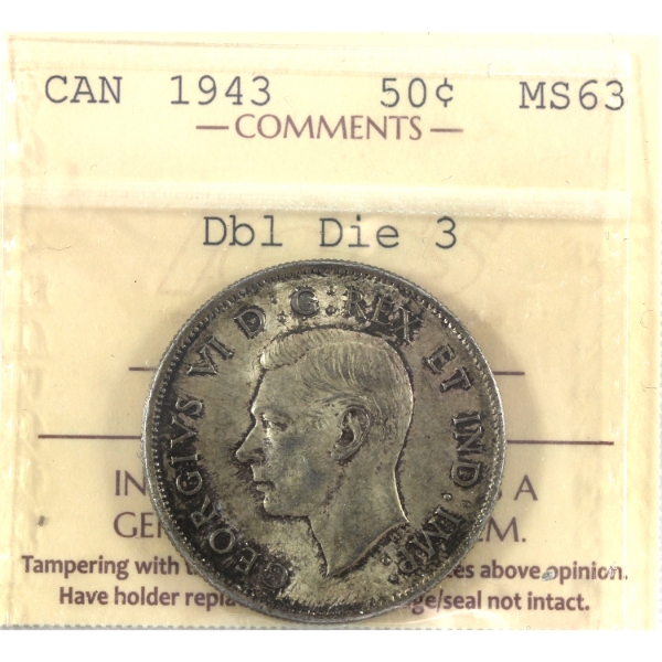 50-cent 1943 Double Die 3 ICCS MS63