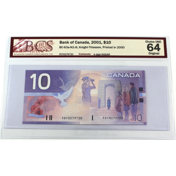 RADAR BC-63a-N1-iii 2001 $10 4-Digit RADAR BCS CUNC64 Original Knight-Thiessen Printed in 2000