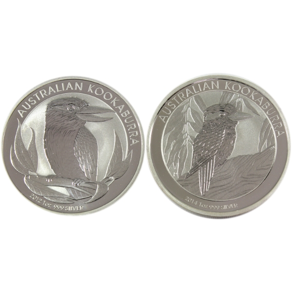 2x 1oz Australia 2012 & 2014 $1 Kookaburra .999 Fine Silver Rounds. 2pcs. (Tax Exempt)