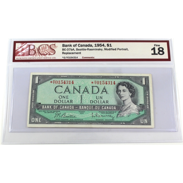 BC-37bA 1954 $1 Modified Portrait BCS F18 Beattie-Rasminsky *O/Y Replacement SN:*O/Y0154314
