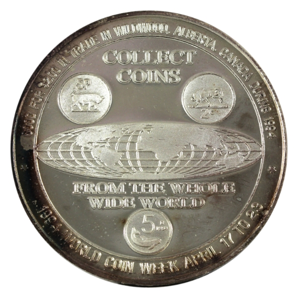 Canada-Wildwood AB 1994 $2 Coin Week/Elk Trade Dollar 1oz-Silver, 38mm (Tax Exempt)