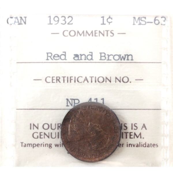 1-cent 1932 ICCS MS63 RD & BN