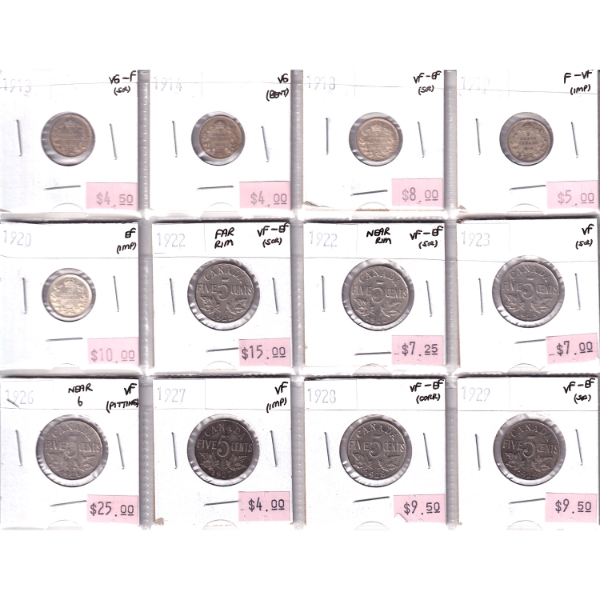 Bulk Lot of 5-cent 1913-1929 in 12-Pocket Sheet VG to EF. 12pcs.
