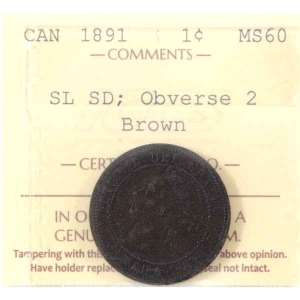 1-cent 1891 SL SD Obv 2 ICCS MS60 Brown