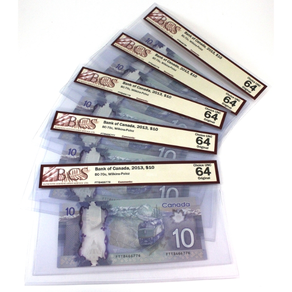 5x BC-70c 2013 $10 BCS CUNC64 Original Wilkins-Poloz Notes in Sequence SN: FTT8466776 to "80. 5pcs. 