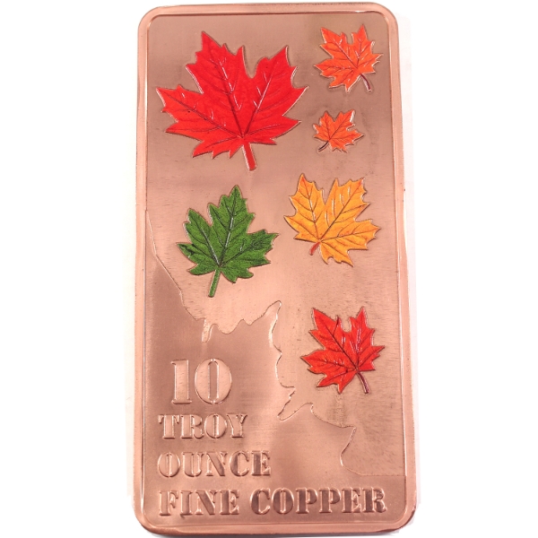 10oz Maple Leaf .999 Fine Copper Bar w/ selective Colour