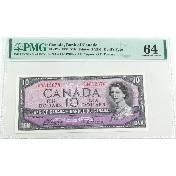 BC-32a 1954 $10 Devil's Face PMG CUNC64 Coyne-Towers SN: C/D4612678
