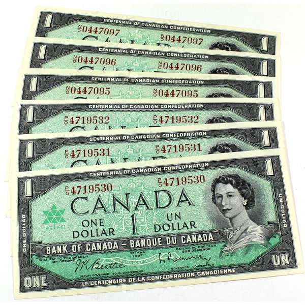 BC-45b 1967 $1 2 Consecutive Sets Beattie-Rasminsky SN: N/O0447095-"97 & SN: P/O4719530-"32. 6pcs.